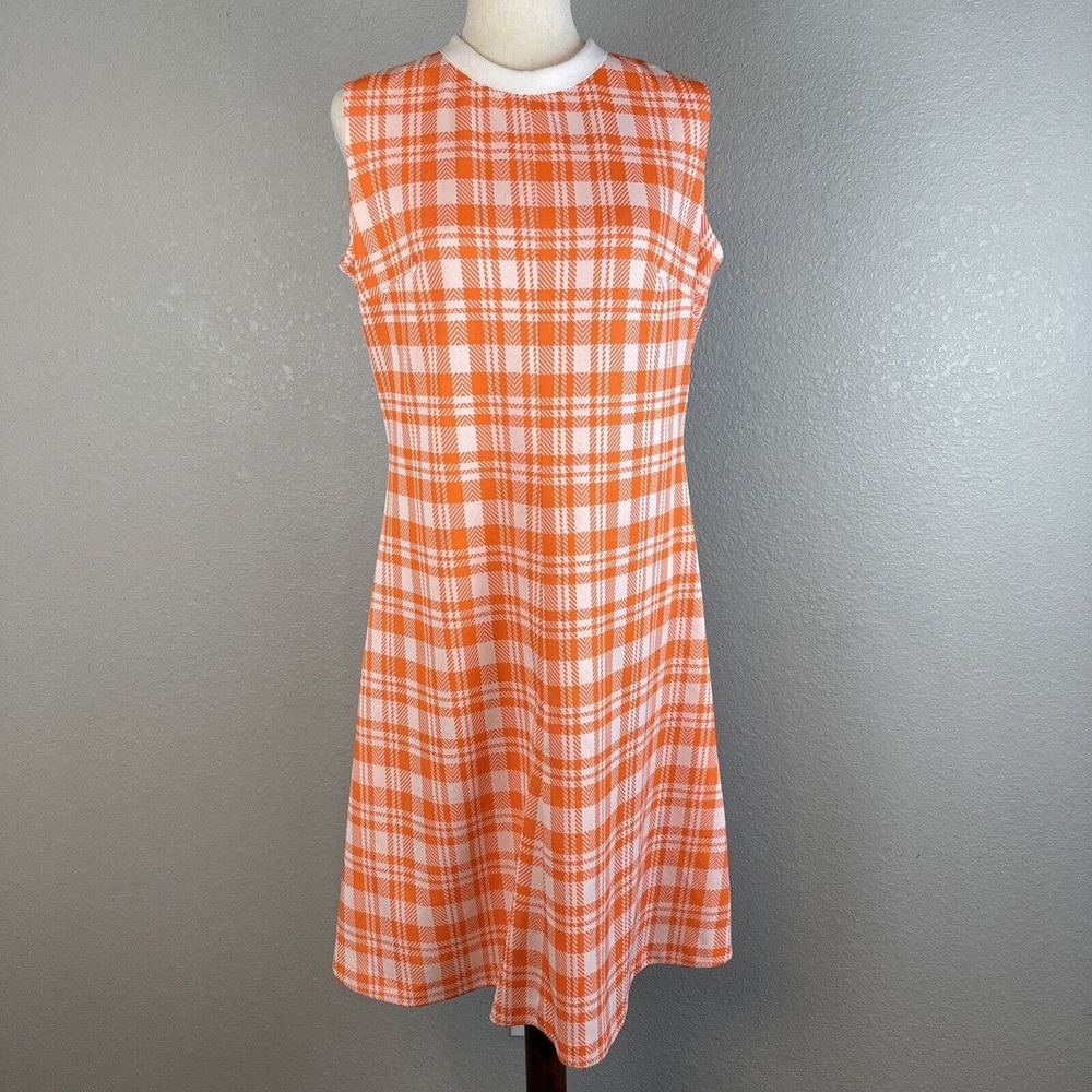 Vintage Verona Sport Womens Sleeveless A-Line Dress M Medium Orange White Plaid